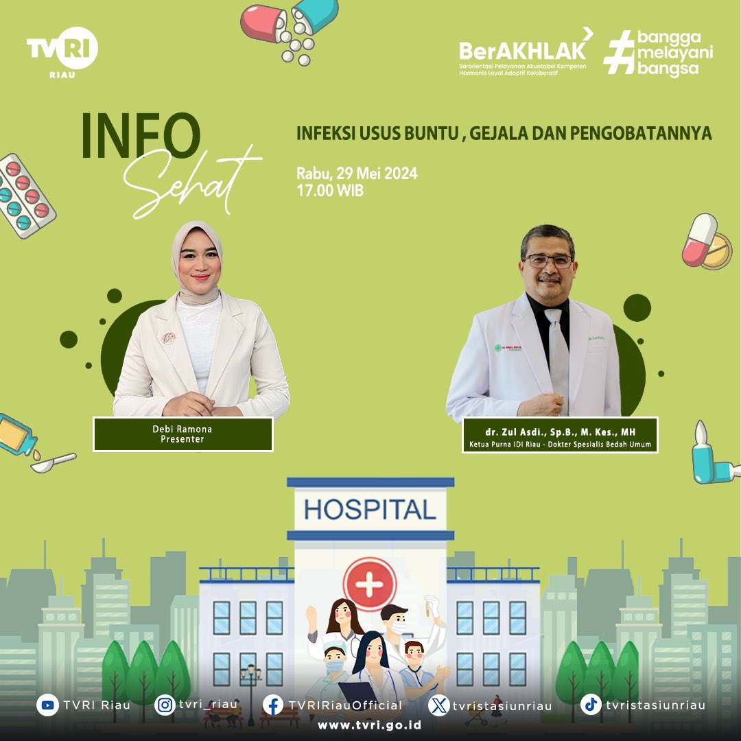 JANGAN LEWATKAN DIALOG INTERAKTIF INFO SEHAT mengenai Infeksi Usus Buntu, Gejala dan Pengobatannya bersama Narasumber dr. Zul Asdi., Sp.B., M. Kes., MH (Ketua Purna IDI Riau - Dokter Spesialis Bedah Umum) SORE INI RABU 29 MEI 2024  PUKUL 17.00 WIB.