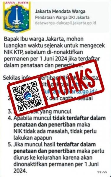 Awas Hoaks! NIK KTP Jakarta Nonaktif Permanen 1 Juni 2024 dlvr.it/T7XMqc