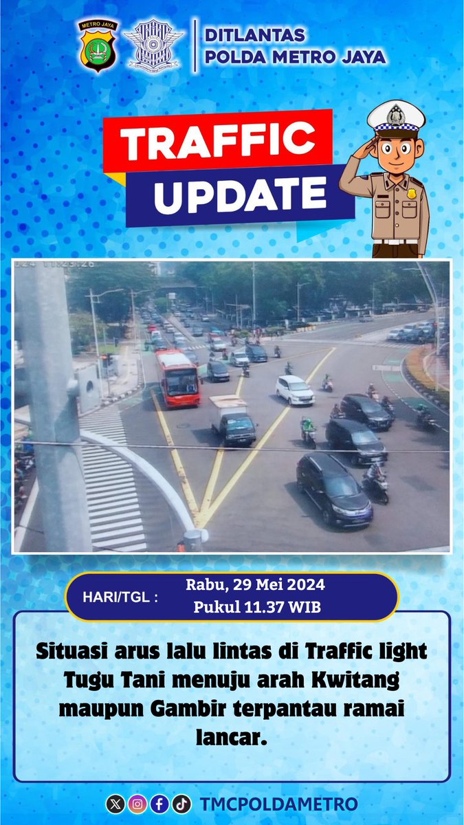 Situasi arus lalu lintas di Traffic light Tugu Tani menuju arah Kwitang maupun Gambir terpantau ramai lancar.