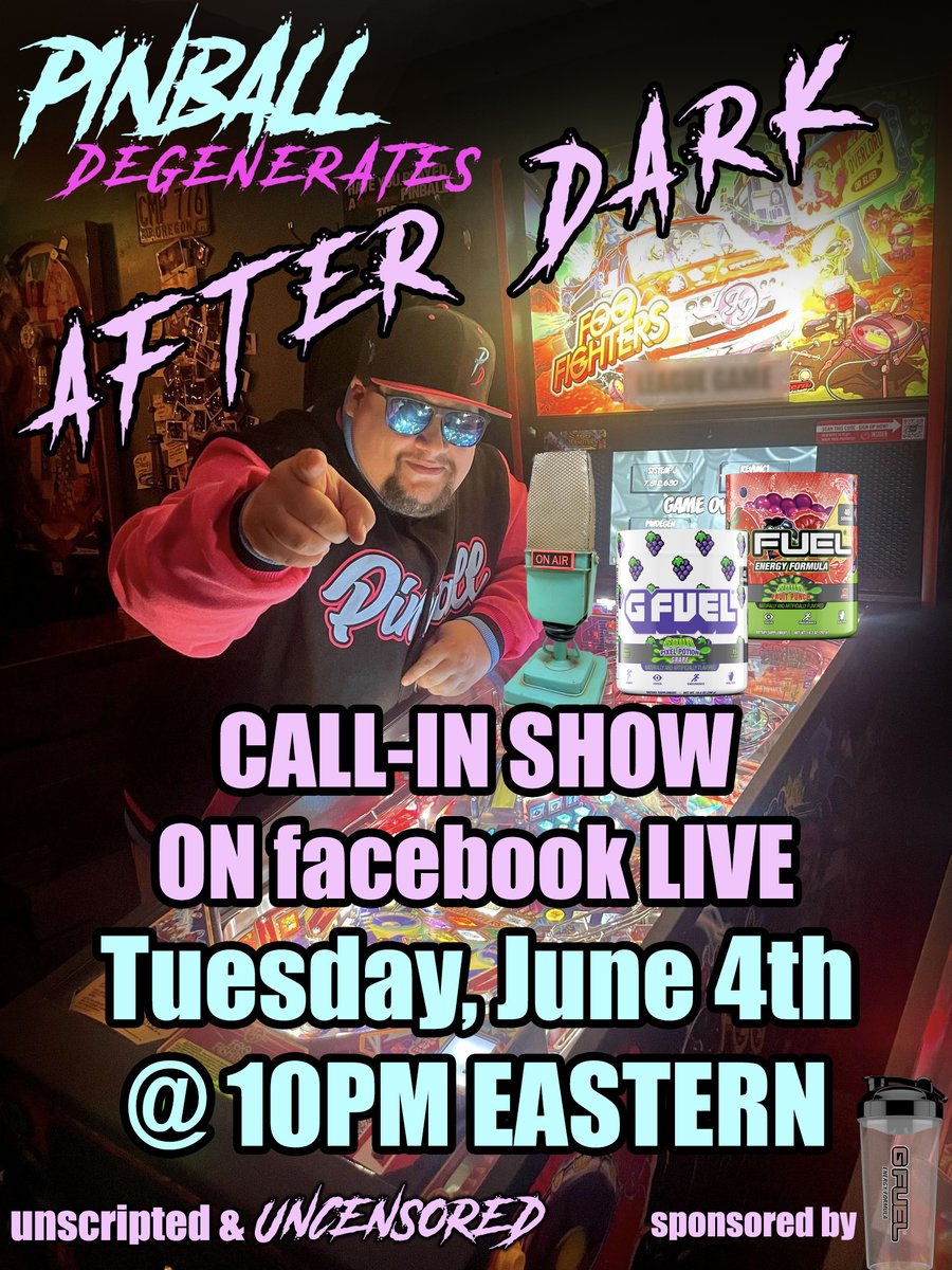Next Tuesday, June 4th is a very special PINBALL DEGENERATES AFTER DARK fb livestream brought to you by <a href="/gfuelenergy/">G FUEL®</a>
During the show l'll be giving away TWO full tubs of GFUEL energy powder: Sour Pixel Potion Grape &amp; Sour Fruit Punch
10PM Eastern! CALL IN!
#GFUEL, #GFUELSour