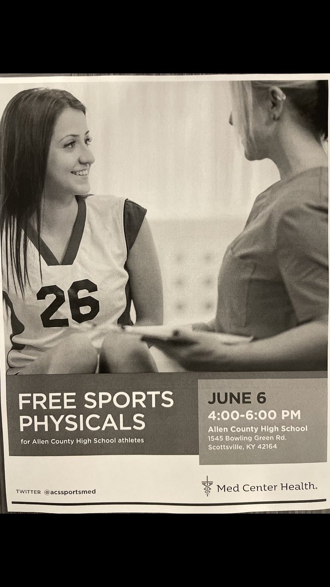 ACS_PatriotsAD's tweet photo. ACS Athletics in partnership with @MedCenterHealth will be administering Free Sports Physicals for students of the Allen School District on Thursday, June 6th from 4-6 PM. Blank forms can be picked up at the ACSHS Front Office. https://t.co/nR7WuvRRPA