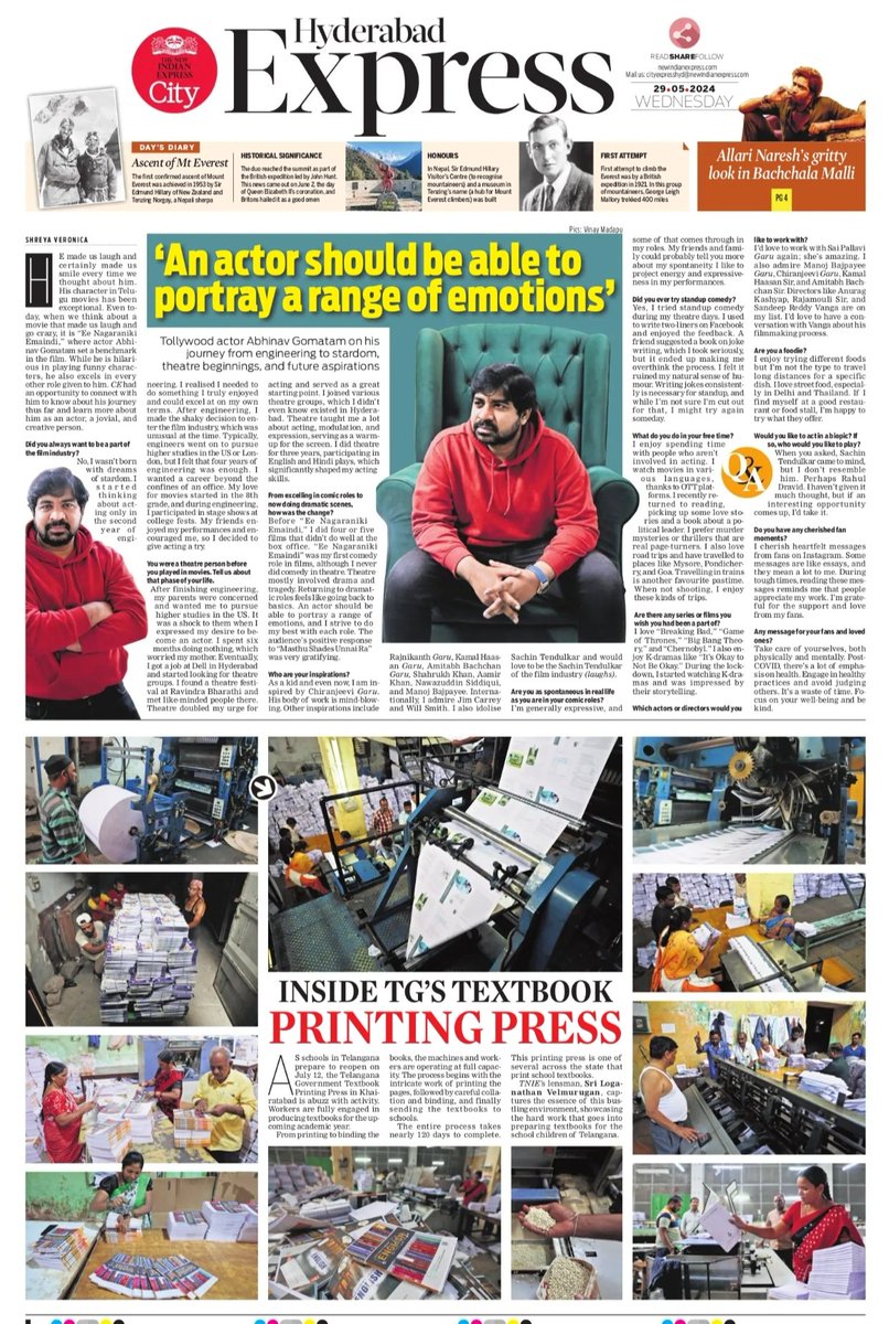 Check out today's #cityexpress where we have #tollywood actor @AbhinavGomatam on his journey from engineering to stardom; @sriloganathan6 clicks TG's  textbook printing press @santwana99 @Kalyan_TNIE @PrasannaRS2 @Reshmijourno
For more such stories visit newindianexpress.com/cities/hyderab…