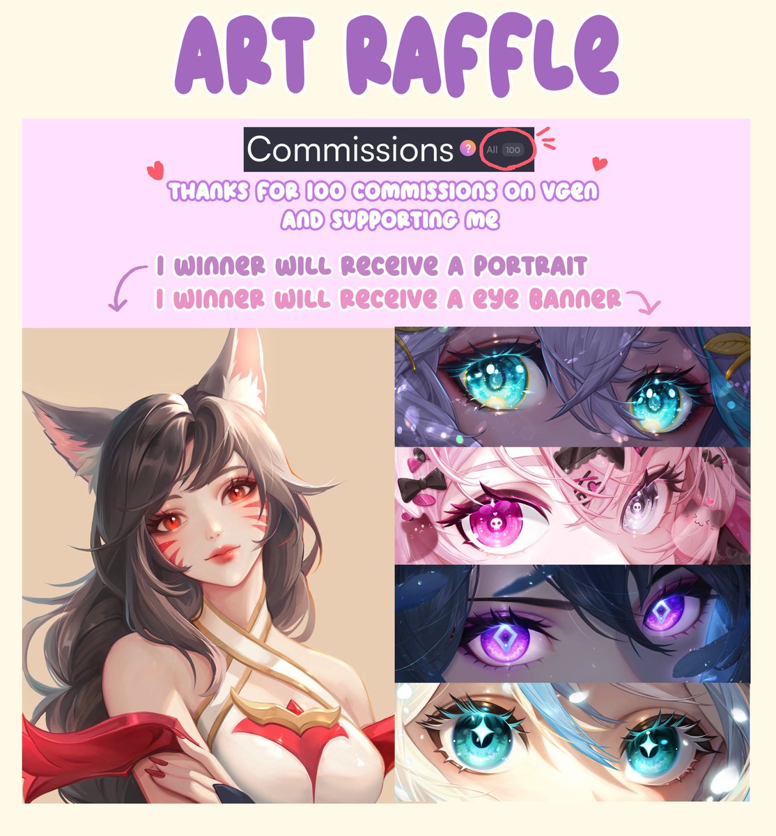 💜💜💜ART RAFFLE💜💜💜
Thanks for the 100 commissions on VGen. It was a huge support to me to continue art. 

To celebrate reaching my goal, 100 comms, I’ll do an art raffle💕

To enter
🫧 Follow Me
🫧 Like & RT
🫧 Drop your png

1 winner will receive a portrait 
1 winner will