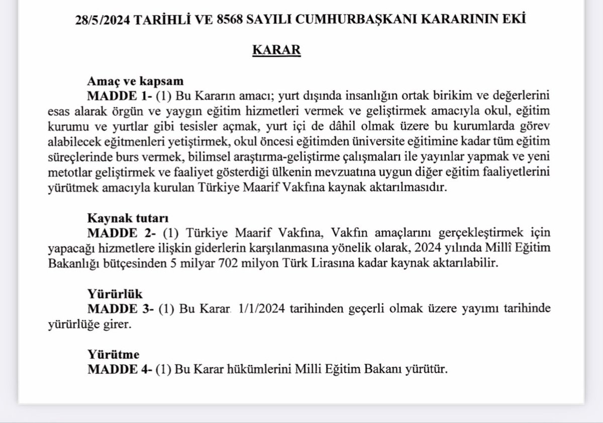 Tasarruf tedbirlere Maarif Vakfı için geçerli değil demek ki. Bugün bu vakfa 5 milyar 702 bin TL aktarılması kararı Resmî Gazetede yayınlandı. Kamu kaynaklarının kamusal eğitim ve kamu okulları için kullanılması gerekiyor. Bir öğün okul yemeğine kaynak yok Maarif Vakfına var.