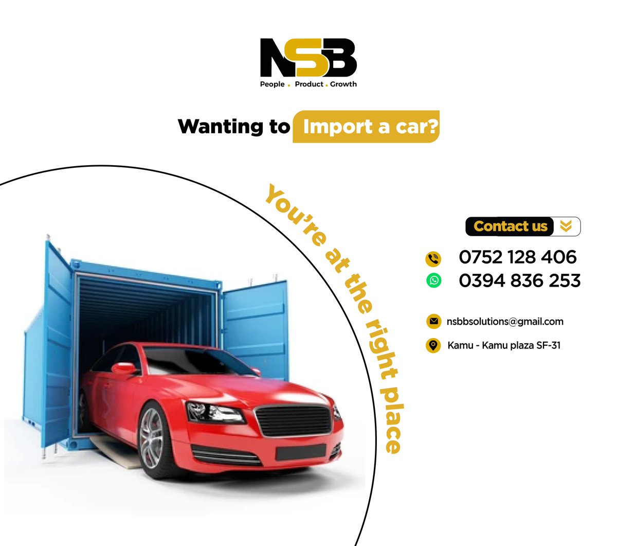 ooking to import a car? 🚗 You're at the right place with NSB Solutions! Contact us today at 0200901482 or 0770866286(WhatsApp). Visit us at Kamu-Kamu Plaza SF-31. #CarImport #NSBSolutions #Automotive