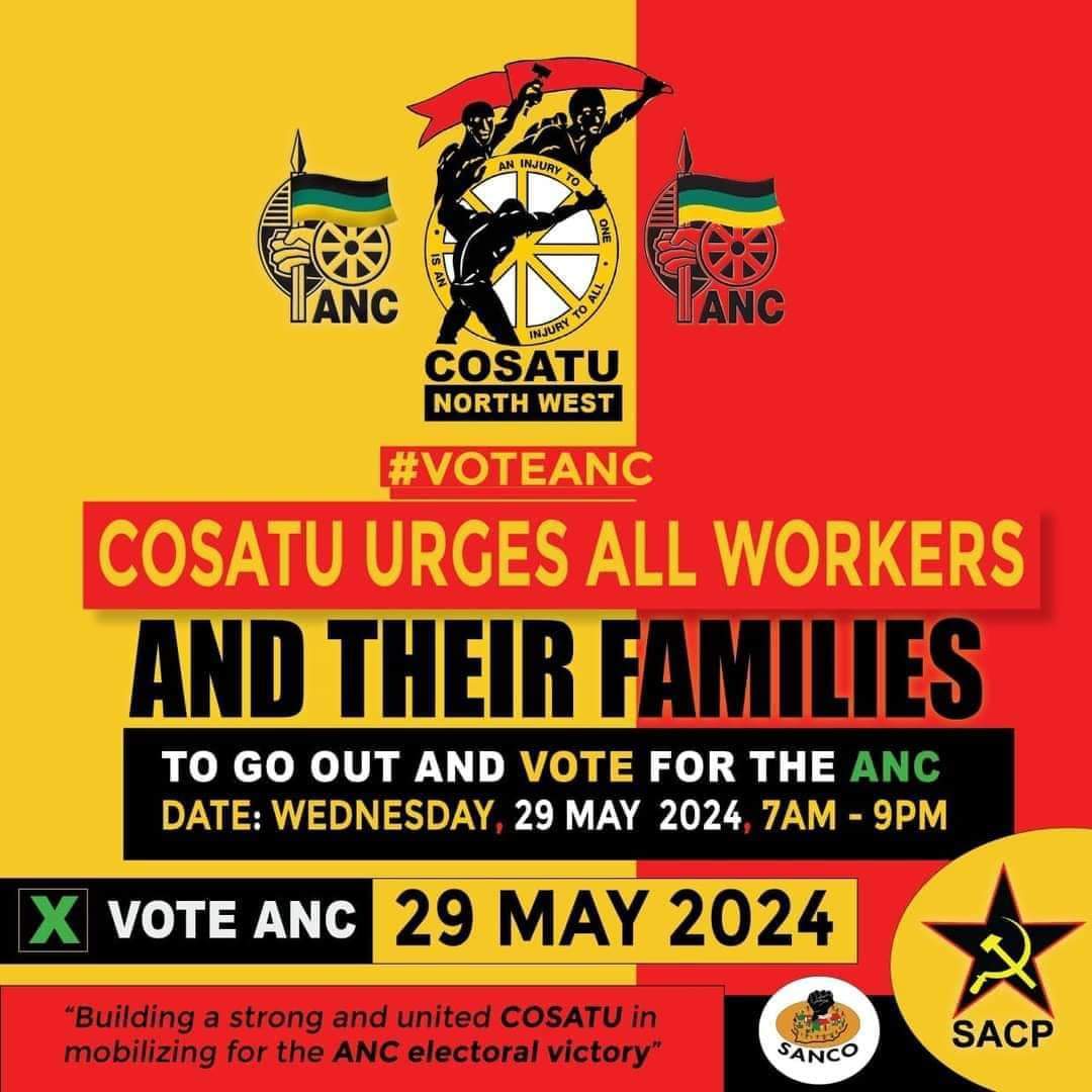 _cosatu's tweet photo. Dear workers: May 29 #SAElectionDay has been proclaimed as a public holiday. Please do wake up and cast your vote today #VoteANC @MYANC @SACP1921 @_cosatu @eNCA #eNCA https://t.co/LlY5tljbBS
