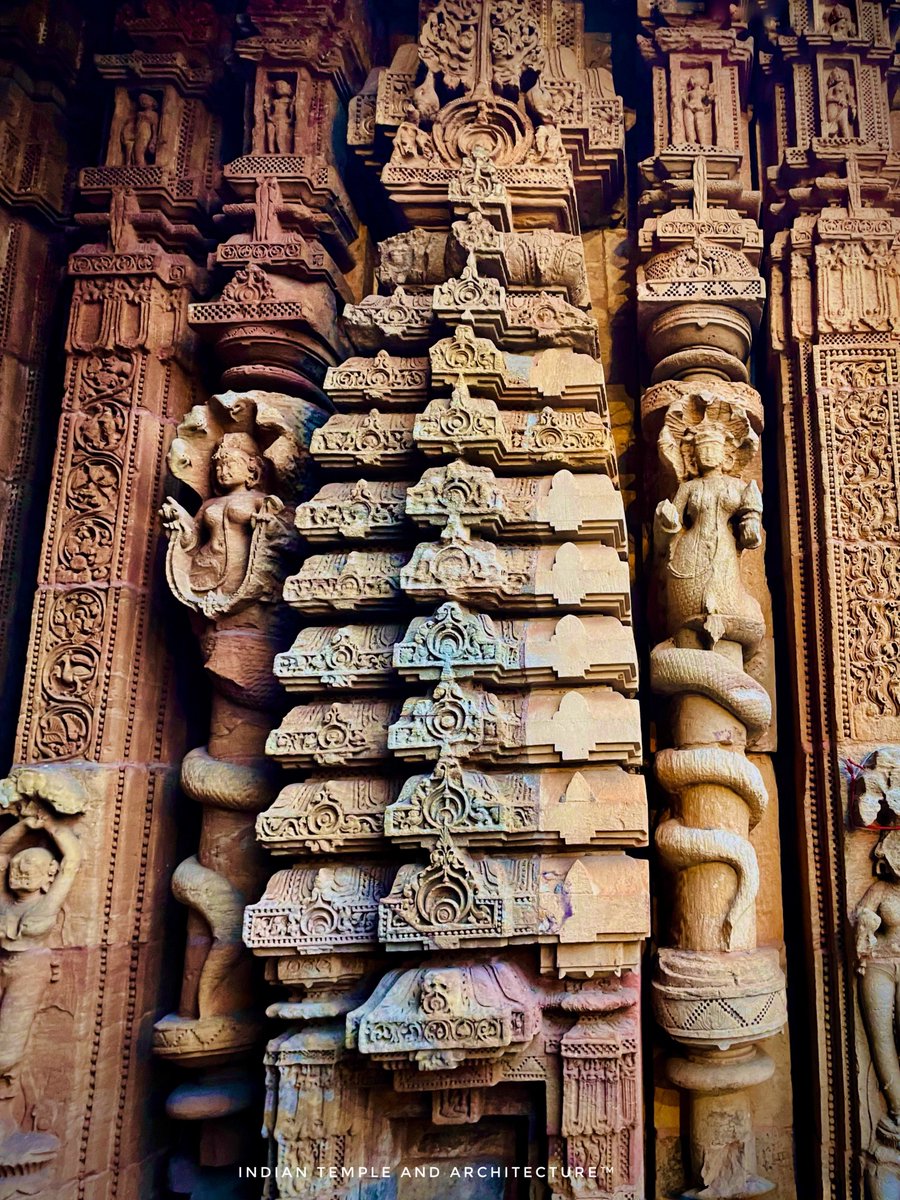 Marvellously carved outer wall of Maa Parvati Temple, Bhubaneswar, #Odisha. Two nāga stambhas (serpent pillars) having Nāgis mounted on them. Different floral motifs and continuous khakhara mundi moulding pattern can be seen at the middle of the pillars and ⬇️