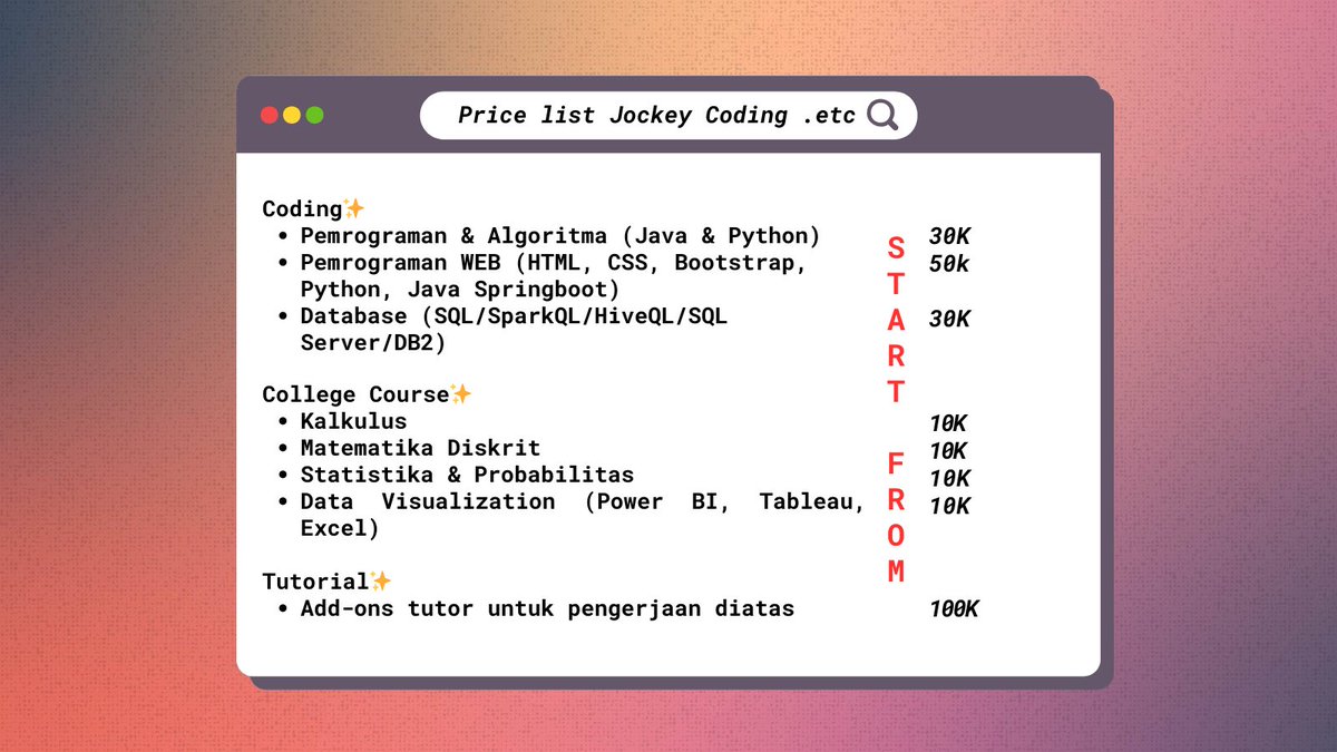 codingkuy's tweet photo. Halo peeps!! Kamu lagi bingung tugas Coding, tugas Kuliah/Sekolah, atau Esai? Gk usah bingung lagi, kamu dapat menyelesaikan kendala kamu dengan ikut konsultasi ataupun JOKI disiniii! Cek yuk Price list-nya. ✨#zonauang #joki #jokitulis #jokicoding #jokicv https://t.co/7mLvxGK499