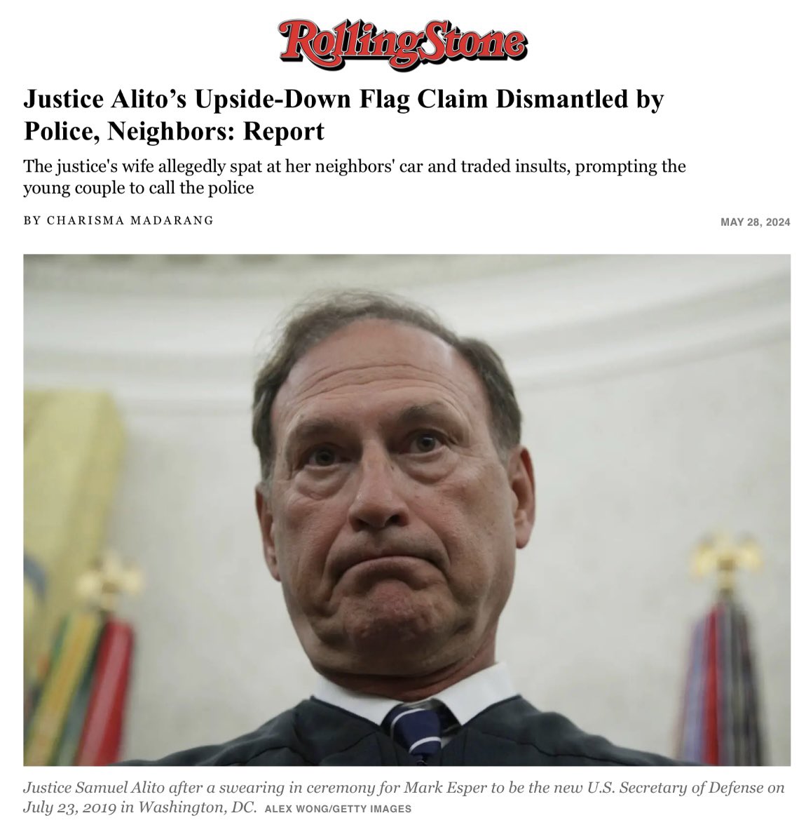 Wow! Alito’s wife is not only a piece of work, she should seek a psychiatric evaluation. 🚨 Justice Alito’s wife allegedly spat at their neighbors' car and traded insults with the young couple, prompting their neighbors to eventually call the police.