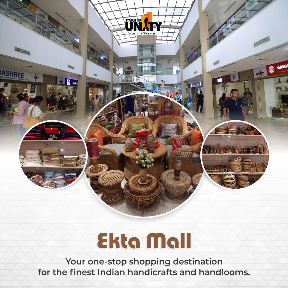 Discover the essence of India at #EktaMall !! Your one-stop shopping destination for the finest Indian handicrafts and handlooms. 

Plan your trip to #EktaNagar today and experience culture, craftsmanship, and creativity all under one roof !!

#EktaMall #IndianHandicrafts