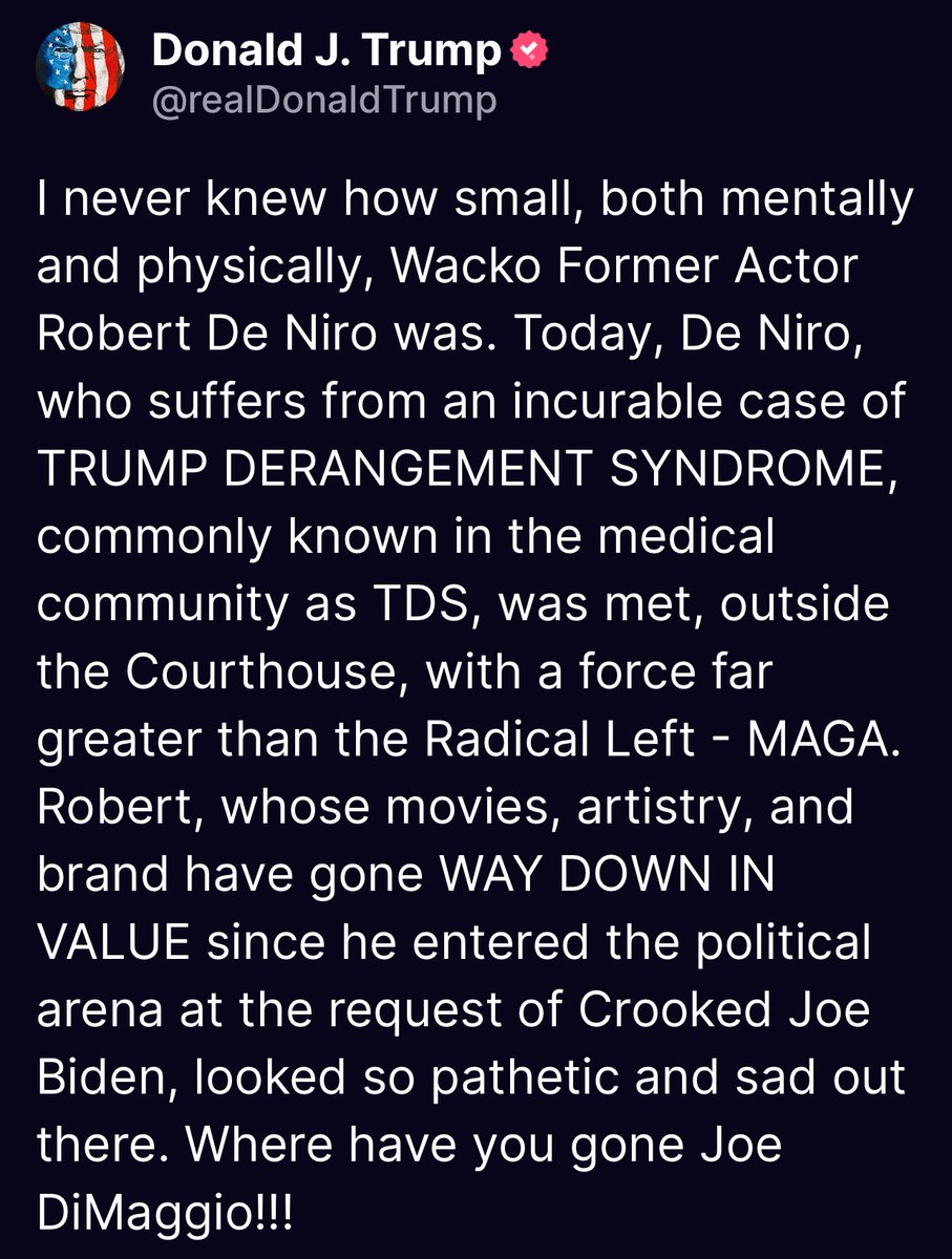 I never knew how small, both mentally and physically, Wacko Former Actor Robert De Niro was. Today, De Niro, who suffers from an incurable case of TRUMP DERANGEMENT SYNDROME, commonly known in the medical community as TDS, was met, outside the Courthouse, with a force far greater