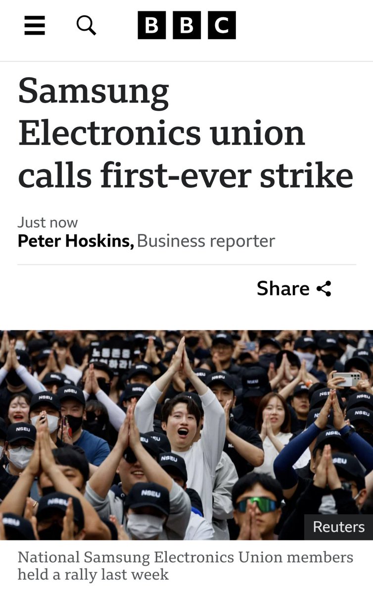 #Sciopero alla @Samsung. I lavoratori vogliono aumenti salariali (+6,5%). È la prima volta per il gigante coreano (12 miliardi di $ di utili nel 2023) che solo dal 2020 ha iniziato il dialogo con i sindacati. Evviva.