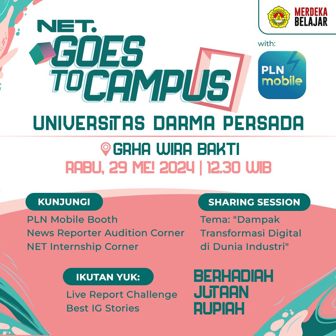mdtvindonesia's tweet photo. Ini dia agenda yang ada di NGTC with PLN Mobile di Universitas Darma Persada
Seru banget kaaan...kasih tau kita yaa kalau kampusmu mau didatengin NGTC juga, see you soon Good People!
@netmediatama
@unsadaofficial
@PlnMobile
#NETGoestoCampus https://t.co/Ndgiheijde
