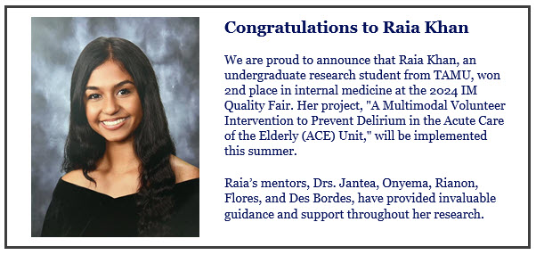 Yay! Great job to Raia Khan of @TAMU and her @UTHealthHouston @UTPhysicians @McGovernMed @UTGeripal Geriatric Medicine mentors (@reneejflores @RachelJanteaMD). 
Wonderful research in @memorialhermann ACE Unit winning 2nd place in the 2024 @UTHimres Internal Medicine Quality Fair!