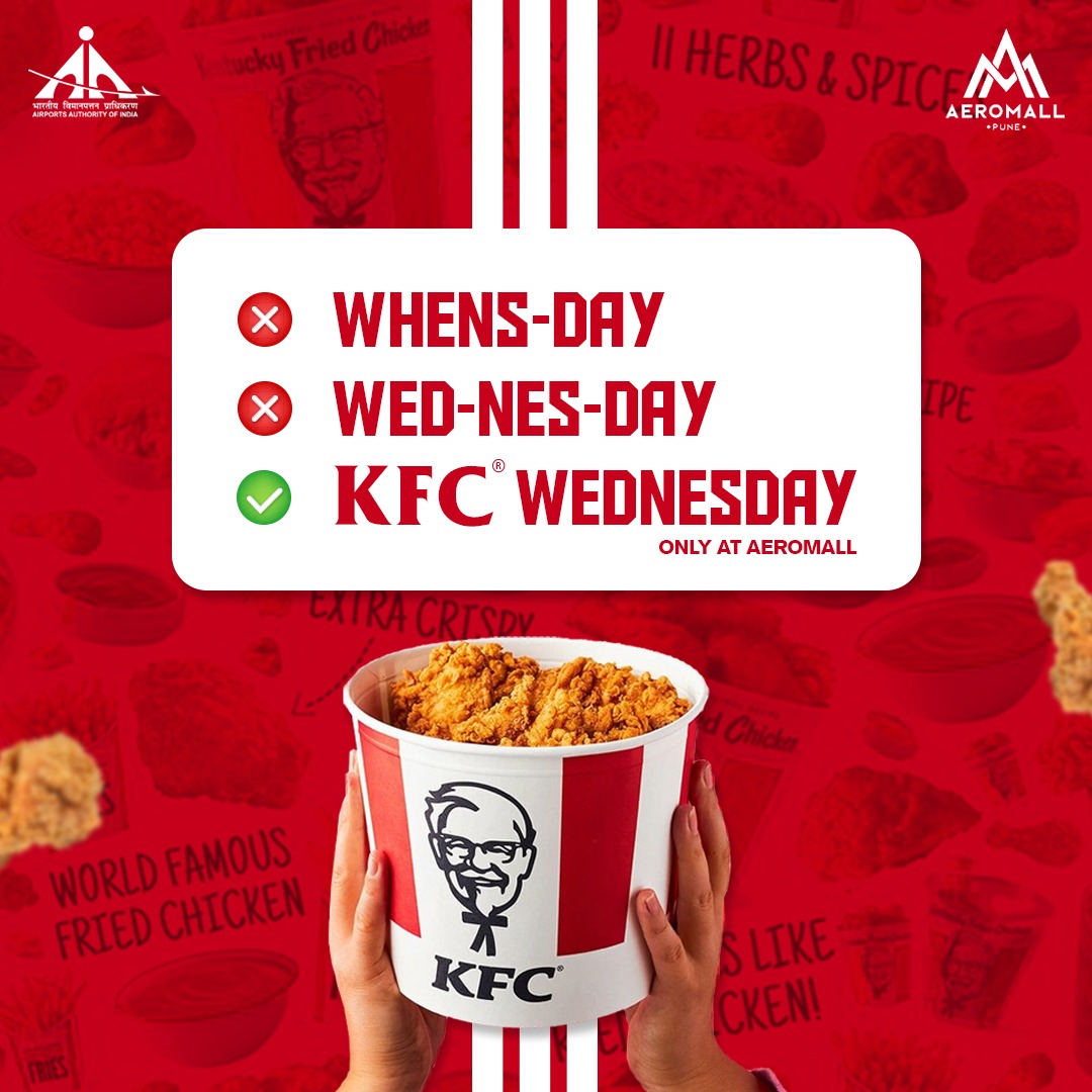 Make your Wednesdays unforgettable with KFC! Opening soon at your favorite mall, come join us every Wednesday for a delicious feast that will satisfy all your cravings. See you there! (KFC. Pune. Mall. 24/7. AirportMall. Lohegaon)