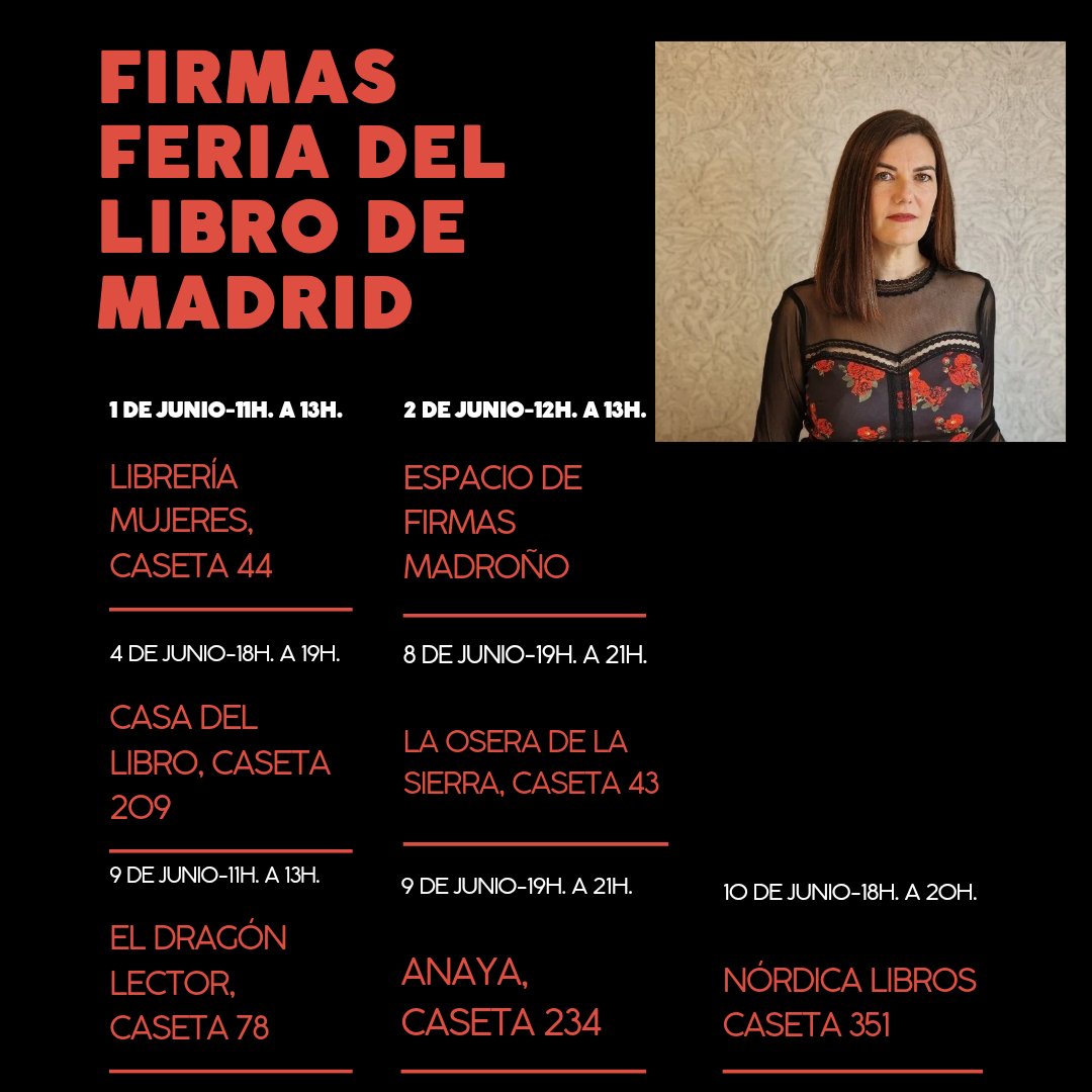 Se viene la Feria del Libro de Madrid y allá me voy. Estaré varios días firmando. Aquí os dejo el cartel con los horarios, por si os apetece venir a verme. Empiezo este fin de semana. ¡Nos vemos!🖤 @FLMadrid @anayainfantil @EdDestino @Nordica_Libros