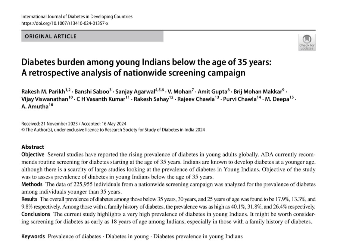 Among Indians with family history of diabetes 4 out of 10 individuals develop diabetes below the age of 35 years. Conclusions from our recently published study based on data of 2,25,955 individuals. Full text article available here - rdcu.be/dJiji