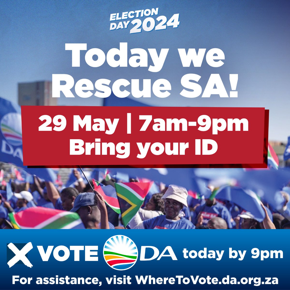 🗳️Today, we hold the key to change. The stakes are high, and staying home is not an option. This election is the most crucial since 1994.

Let's unite with determination and use our power to rebuild our beloved country. Join the mission, #VoteDA to #RescueSA.