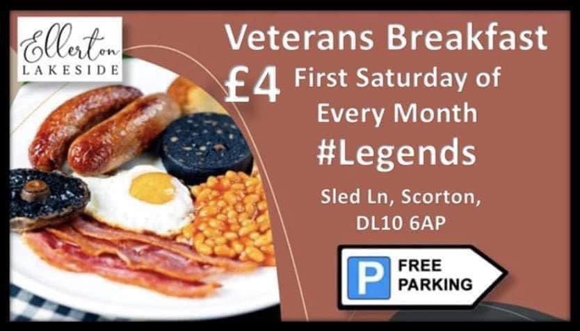 Armed Forces Veterans Breakfast - Saturday 1st June at Ellerton Lakeside Cafe just outside Catterick Garrison. 10 minutes from Scotch Corner on the A1. Located on the edge of Ellerton Lakes. Starts at 1000HRS. Full Breakfast, toast, tea, coffee & juice £4 🅿️ Free Parking