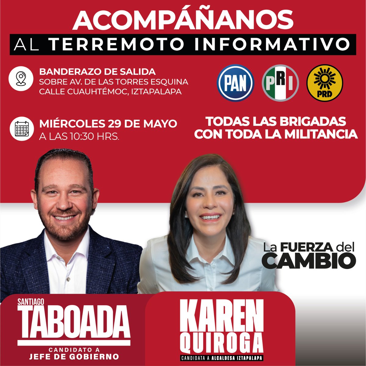 esanchezXXXI's tweet photo. Acompáñanos mañana miércoles 29 de mayo a las 10:30 de la mañana al Terremoto Informativo
Avenida de las Torres esq. Calle Cuauhtémoc, Iztapalapa
#VotaporEfrenSanchez
#ElCambioViene
#KarenQuirogaAlcaldesa
#ElDuoPerfecto
@KarenQuirogaAn
@STaboadaMx
@XochitlGalvez https://t.co/1DKPNsEtOl