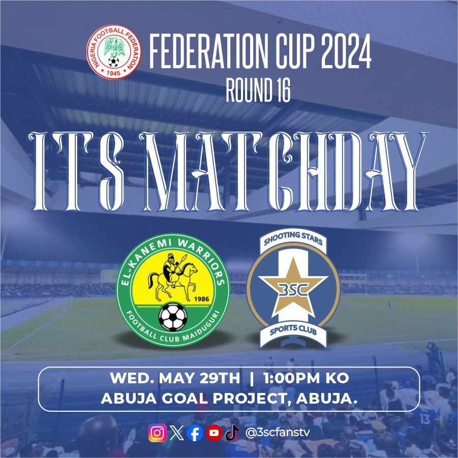 3scfanstv's tweet image. 🚨 It&apos;s Match Day!

We face El Kanemi Warriors in the Federation Cup R16 today at the Abuja Goal Project ground. 

The stakes are high, and our boys are ready! 

Let’s go for the win, lads! 💪⭐️

#UpShooting #FederationCup #WeBelieve #3SCFansTV