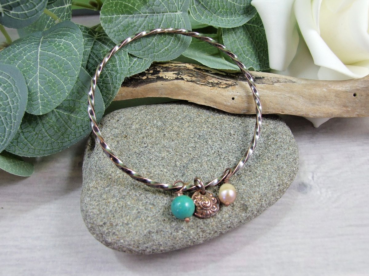 Copper Charm Bangle. Spiral Bracelet with Paisley Pattern Charm, Pearl and Turquoise Gemstone. Size Medium 20cm Diameter etsy.me/3X101rv via @Etsy #CGArtisans