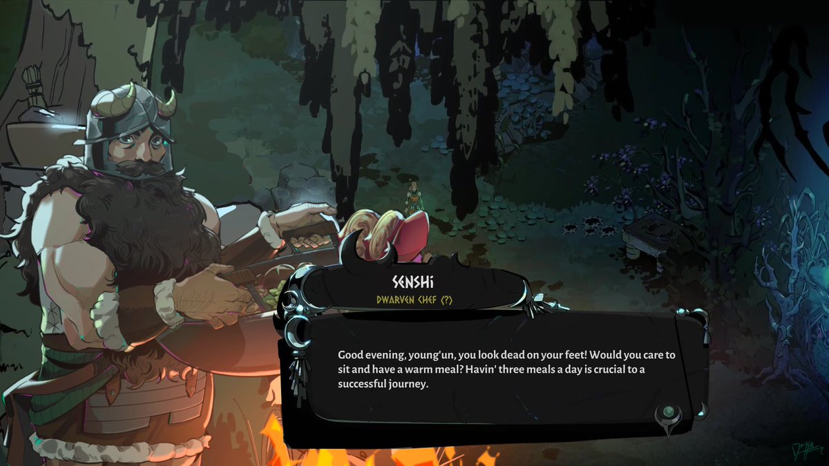 dryyaart's tweet image. Found this guy cooking up a storm in the middle of Erebus….and he’s talking about some meal…? #Hades2 #DungeonMeshi