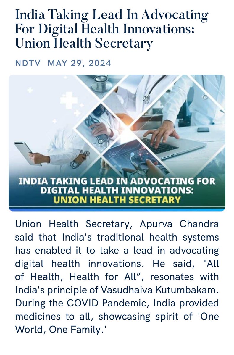 India Taking Lead In Advocating For Digital Health Innovations: Union Health Secretary
 swachhindia.ndtv.com/india-taking-l…

via NaMo App