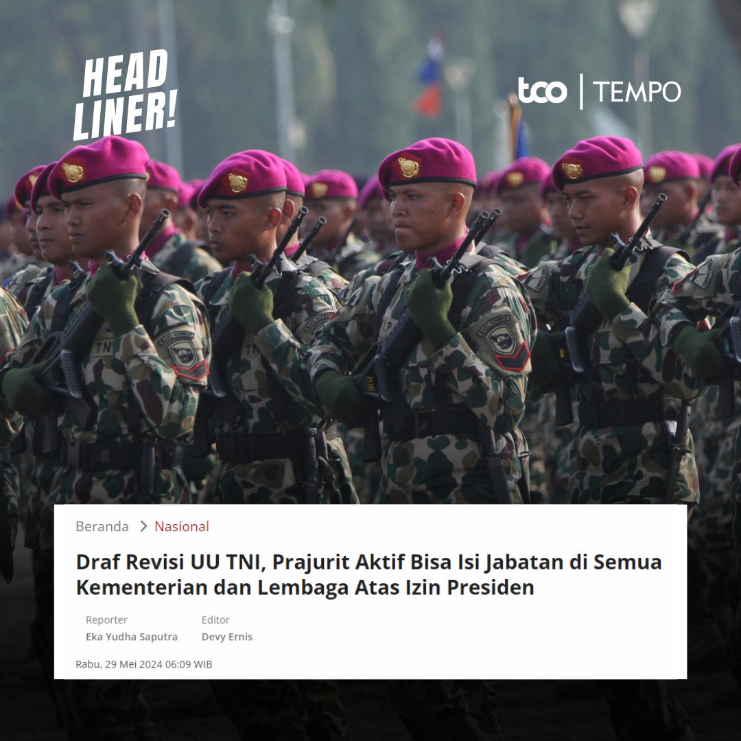 Revisi UU TNI yang telah disetujui sebagai usulan insiatif Dewan Perwakilan Rakyat atau DPR membuka peluang prajurit aktif TNI mengisi jabatan di semua kementerian dan lembaga. 

#TempoHeadliner #TNI