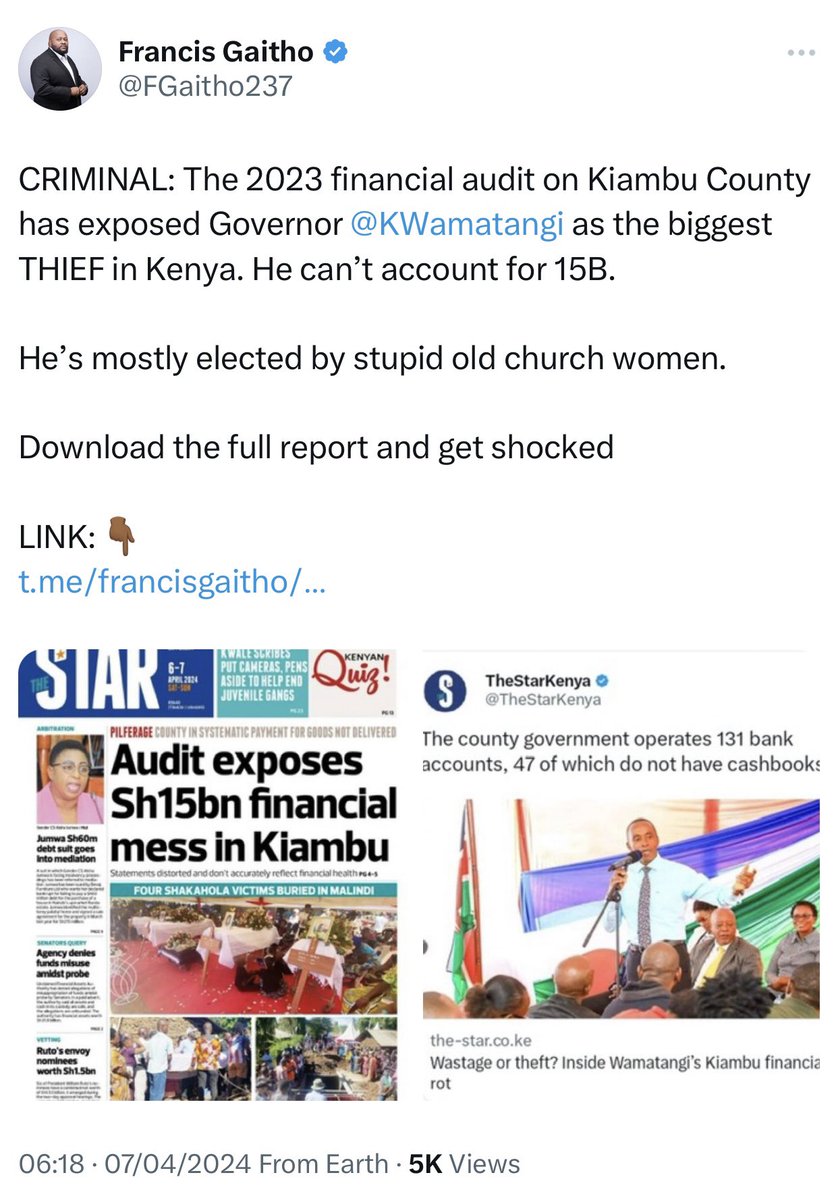 We have a pandemic of stupid old women whose stupidity is thanks to the nonsensical content at Kameme/Inooro and corrupt clergy.

I have spoken about this topic at length. 

The 2023 @OAG_Kenya audit says Kiambu Governor @KWamatangi embezzled 15B. 

He then goes to give stupid