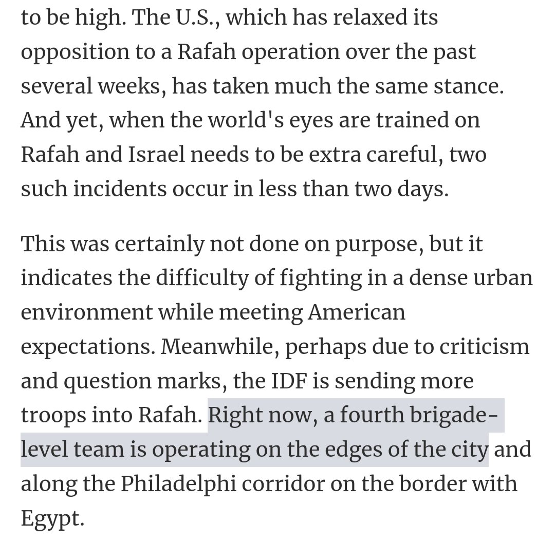 White House, yesterday: the Rafah offensive doesn't cross our red line because Israel hasn't gone in with "large units, large numbers of troops"

<a href="/haaretzcom/">Haaretz.com</a>, this morning: the Israeli army is sending more troops to Rafah, with a fourth brigade-level team now operating there