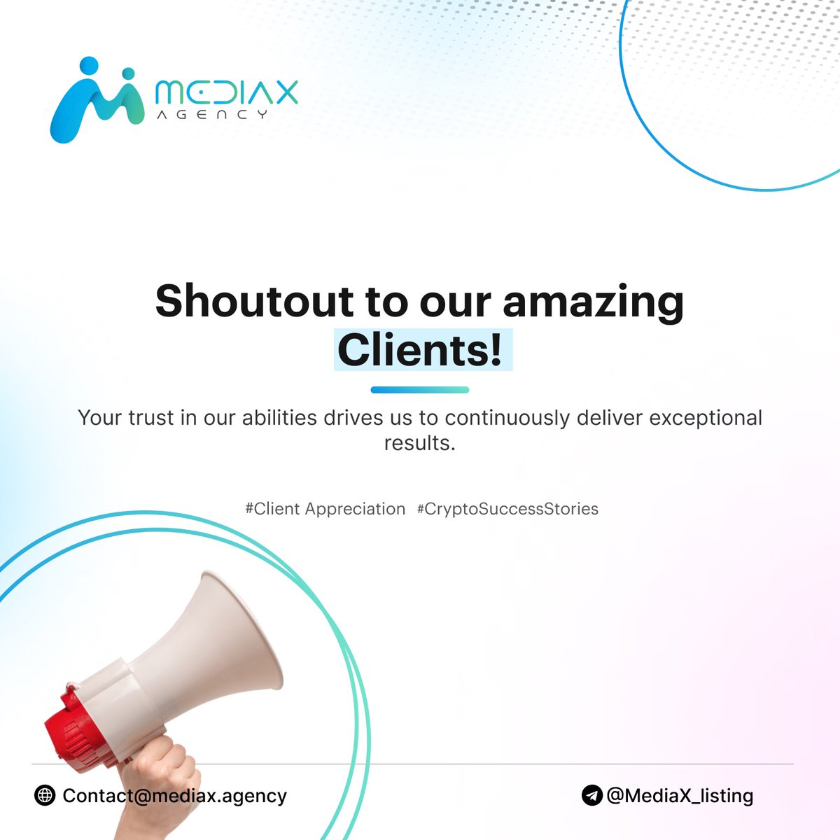 AgencyMediax's tweet image. 🚀Big thanks to our fantastic clients! Your trust keeps us thriving. 🙌 Stay tuned for more success stories!🤝 #ClientAppreciation #CryptoSuccessStories #PressRelease #MediaX #MarketingAgency