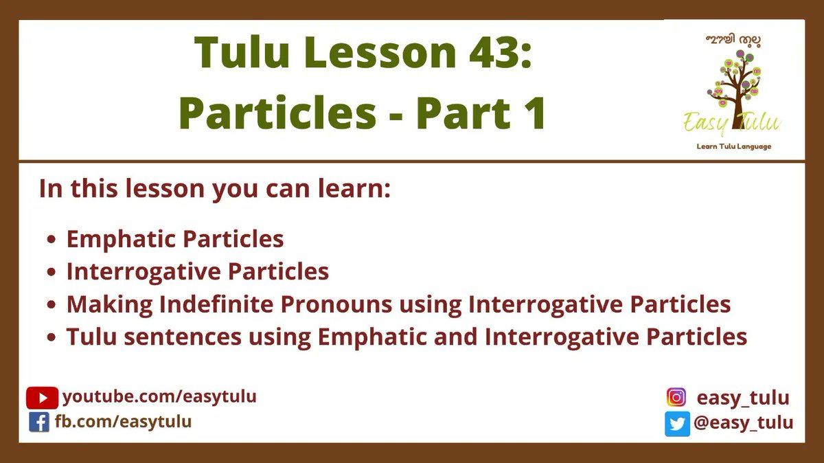 Video lesson 43: Particles - Part 1
Learn Tulu Language through English

Go to youtu.be/JP0GwvTdZG0
Or visit: video.learntulu.com 

#learntulu #easytulu #tululessons #tuluscript #tuluwords #tululipi #tuluto8thschedule #TuluOfficialinKA_KL #tuluvideos