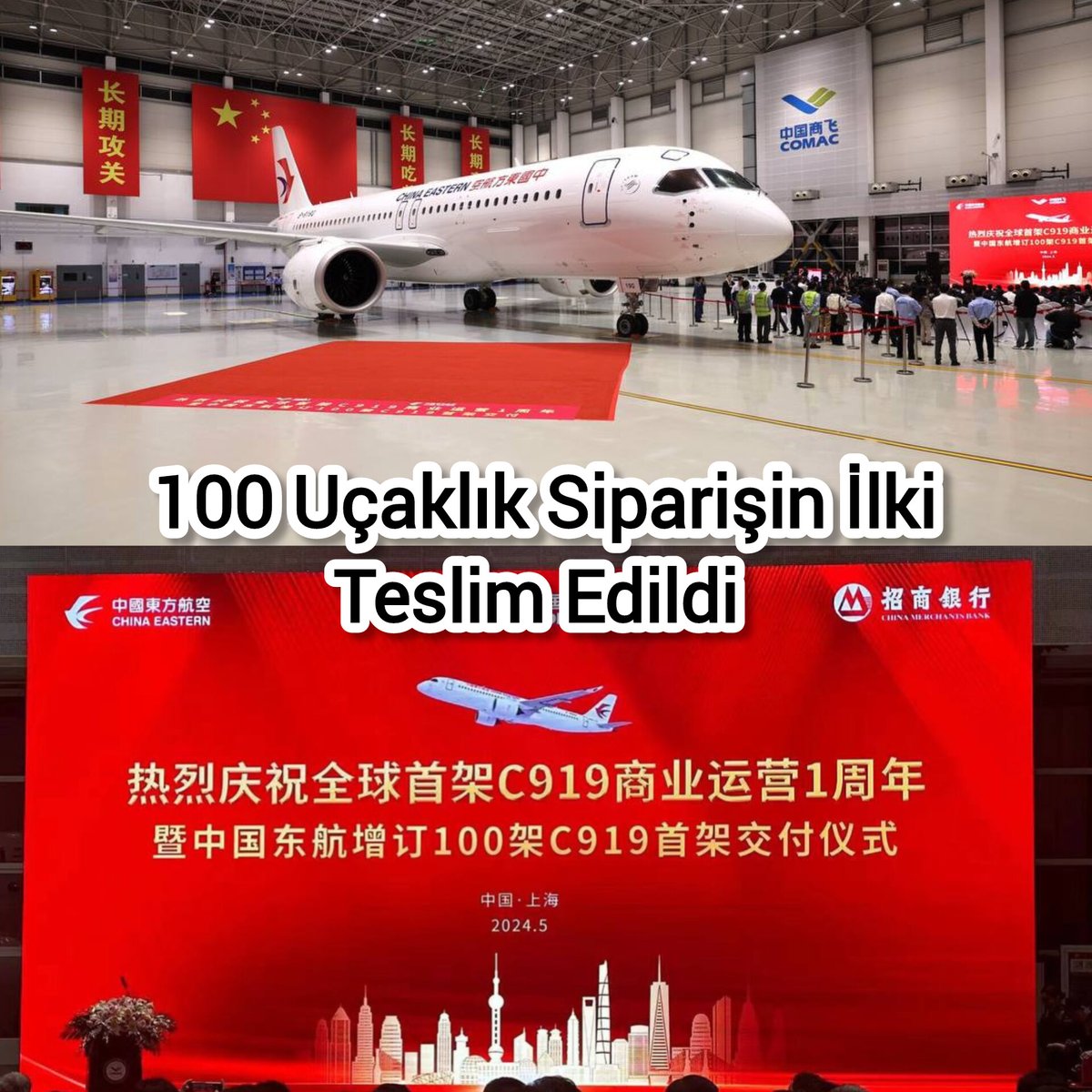 • Çin'in en büyük havayolu şirketlerinden birisi olan China Eastern, üretici COMAC'a vermiş olduğu 100 adetlik C919 siparişinin ilkini düzenlenen törenle teslim aldı. • China Eastern, bu uçağın lansman müşterisiydi ve üretilen ilk 5 uçak daha önceden havayoluna teslim