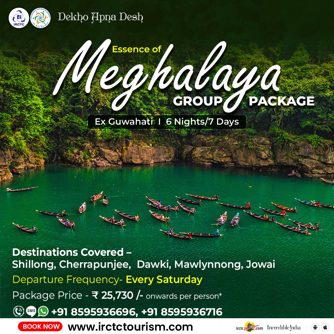 Plan an expedition to witness the cool summer of North East India! Take this refreshing retreat to the enchanting #waterfalls and quaint villages with #IRCTCTourism's ESSENCE OF #MEGHALAYA GROUP PACKAGE EX #GUWAHATI, a 6 Nights/ 7 Days Tour package. Prices starting from Rs.