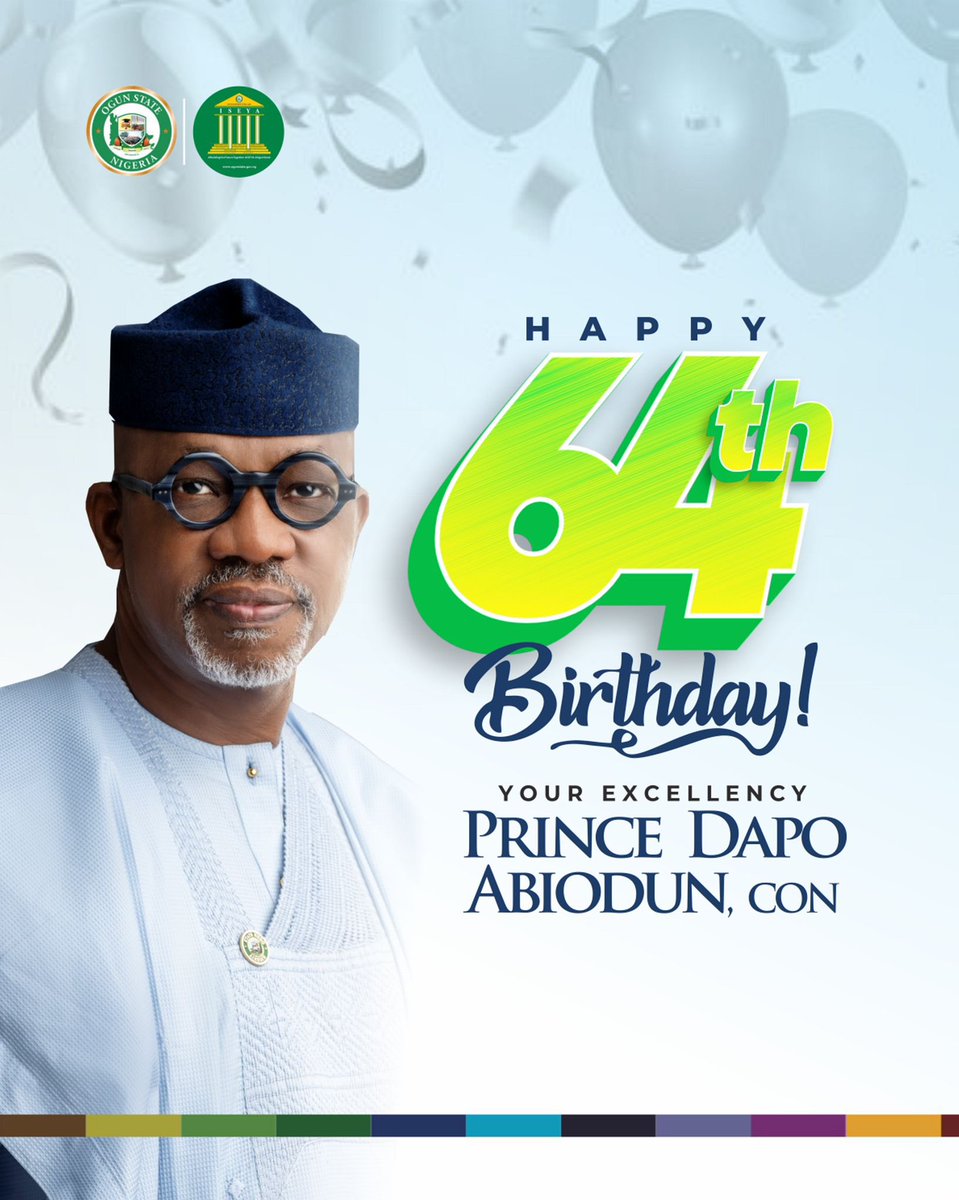 Wishing a Happy 64th Birthday to our Leader, Mentor and Role Model, a True Democrat, Our Respected and Amiable Governor , His Excellency <a href="/DapoAbiodunCON/">Prince Dr. Dapo Abiodun, CON</a> May Your Days be Filled with Warmth, Joy and Happiness, as Our Dear State is Propelled to Greatness Under Your Watch and Noble