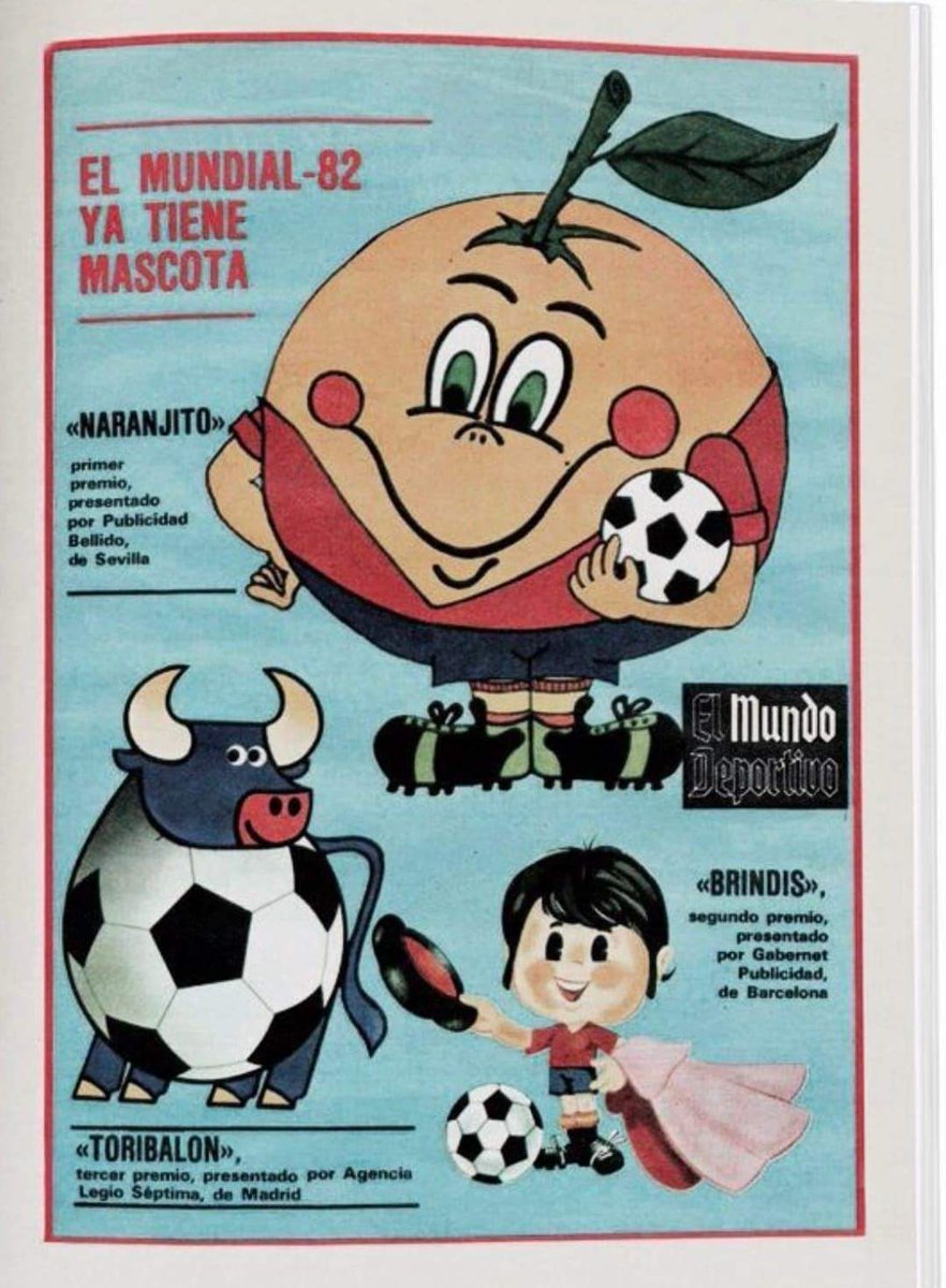 Hoy hace 45 años se dió a conocer la mascota del Mundial de España 82. Eligieron a 'Naranjito', por delante de 'Brindis' y 'Toribalón'. Ganó la menos mala...xq tiene tela la cosa.....