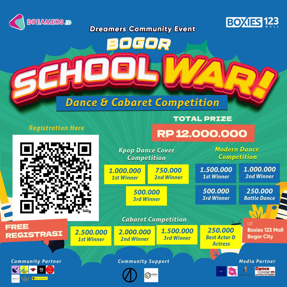 Are you ready to join BOGOR SCHOOL WAR? Time to register yourself and your team to join the competitions! Register yourself at 🔗 msha.ke/dreamersevent or scan the QR code in the pic. Join now and get a chance to win a total prize of IDR12.000.000! See you! 💙