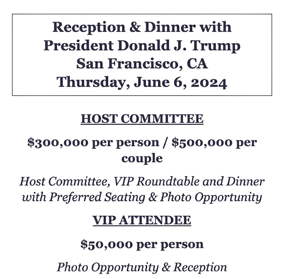 NEWS — The Donald J. Trump fundraiser in San Francisco is officially happening. June 6. Hosts: @DavidSacks and @chamath. Tickets — up to $500,000 a couple. Invite here.