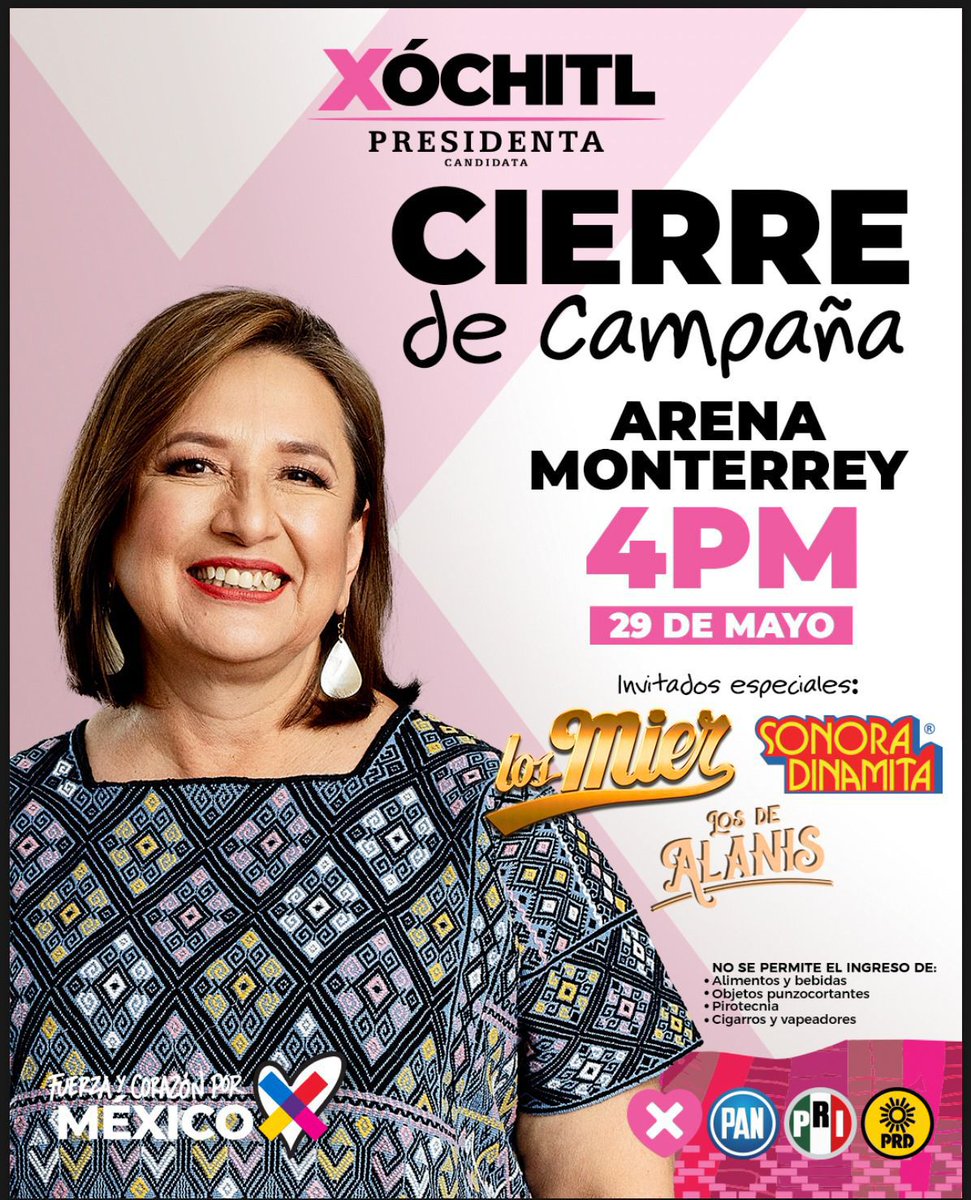 Nos vemos este miércoles 29 de mayo para nuestro gran cierre de campaña en Nuevo León.

Los espero a las 4 de la tarde en la Arena Monterrey para defender la vida, la verdad y la libertad.

Estaré muy contenta de saludar a toda la gente xingona del norte. 🤞🏼