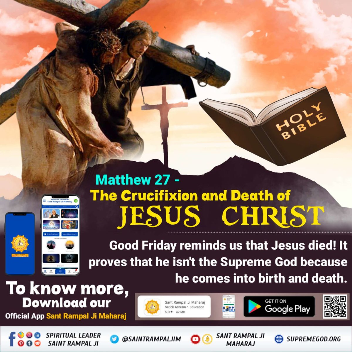 #GodMornimgwednesday #ईसाई_नहीं_समझे_HolyBible Holy Bible Matthew 27- The Crucifixion and Death of Jesus Christ Good friend reminds us that Jesus died!it proves that he isn't the Supreme God because he comes into birth and death. To know more Download our Official App⤵️