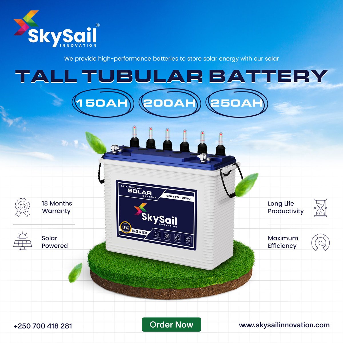 ⚡️ Power your world with SkySail Innovation's high-performance batteries! 🌞 Store solar energy efficiently with our Solar Tall Tubular Batteries 150Ah, 200Ah, and 250Ah. Experience uninterrupted energy, day and night. #SkySailInnovation #SolarEnergyStorage