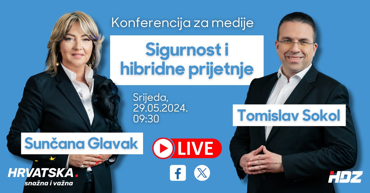 LIVE STREAM. U 09:30 naši kandidati na #EUizbori2024 o hibridnim prijetnjama & #sigurnost. 📺 Izravni prijenos možete pratiti putem #Facebook & #X. 🇭🇷🤝🇪🇺 #HrvatskaSnažnaVažna