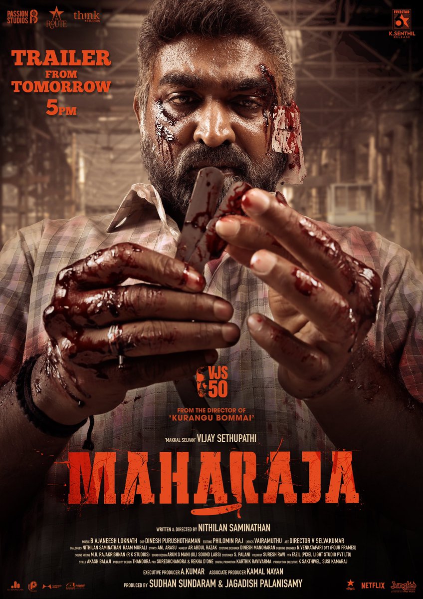 The wait is almost over 👑 Get ready to witness the world of #Maharaja from tomorrow 5 PM #MaharajaTrailerFromTomorrow Written and Directed by @Dir_Nithilan @anuragkashyap72 @mamtamohan @Natty_Nataraj @Abhiramiact @AjaneeshB @Philoedit @DKP_DOP @Selva_ArtDir @rajakrishnan_mr