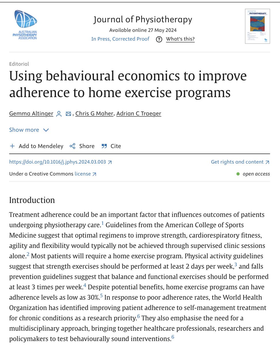 adrian_traeger's tweet image. New paper in @JPhysiother:
@GemmaAltinger brings some fresh perspective to an age old problem...
Adherence to an exercise prescription. What can behavioural economics teach us?
Nice work Gemma!
@CGMMaher @msk_health @wiserhealthcare
sciencedirect.com/science/articl…