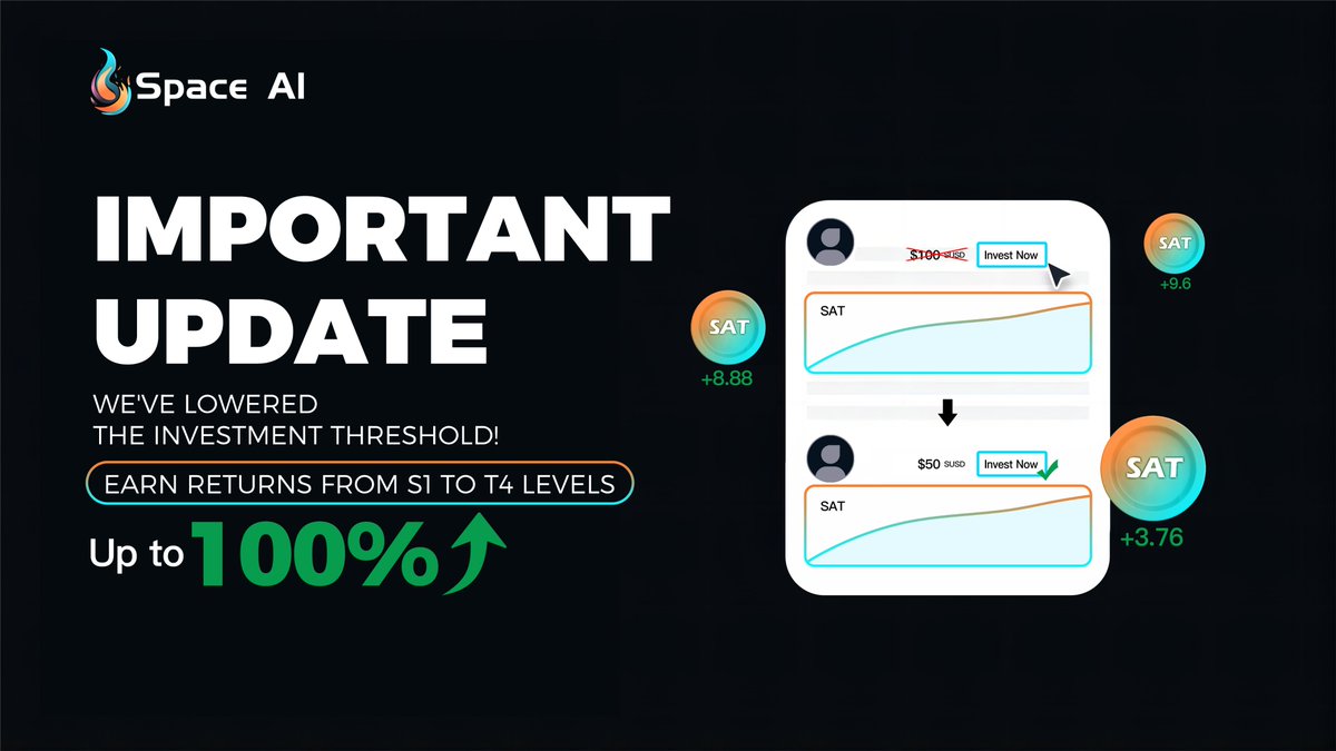 📌 Important Update 📌
🪙Previously, the minimum investment was $100
Now, it's just $50! ✅
🥳Enjoy a 10% to 100% increase in income from S1 to T4 levels. 
Learn More：
dapp.spaios.com
#SpaceAI #Investment #IncomeGrowth #Crypto