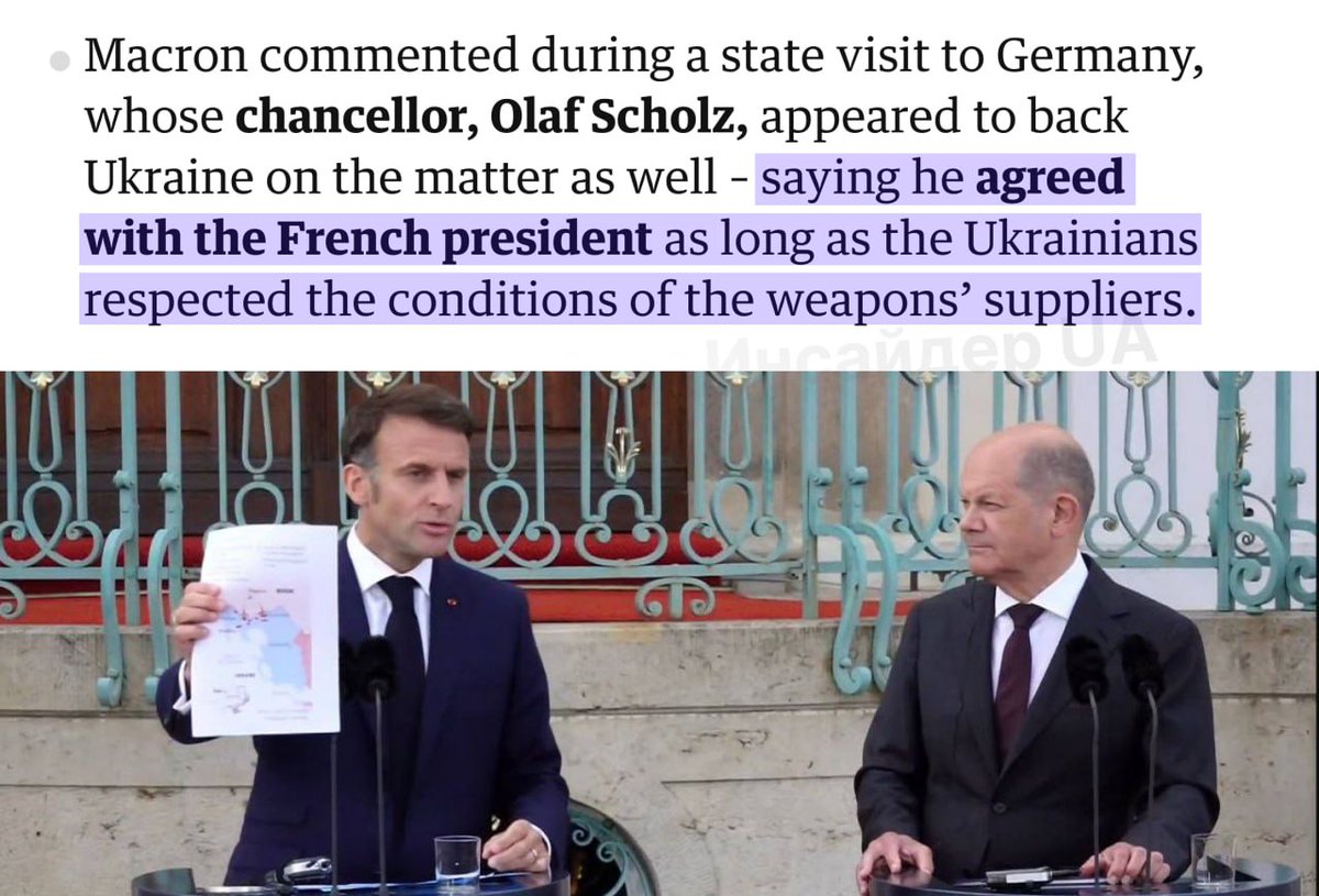 Шольц, схоже, підтримує удари західною зброєю по території РФ, - The Guardian . Канцлер Німеччини заявив, що він згоден із Макроном 'за умови, що українці поважатимуть умови постачальників зброї'.