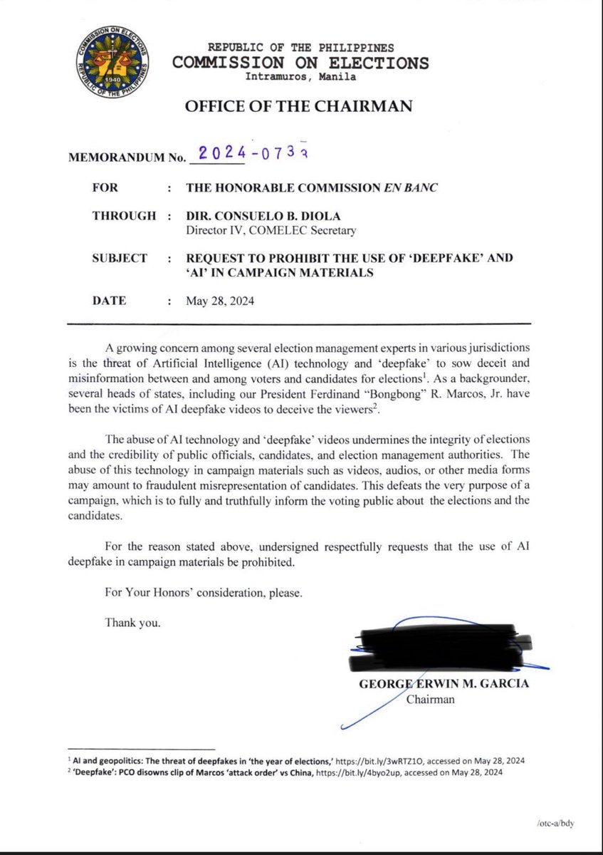 Comelec Chairman @ChairGEGarcia formally requests the Commission en Banc to prohibit the use of “deepfake” and “AI” in campaign materials for the 2025 polls. | via @sherieanntorres (📸: Comelec Chairman George Garcia)
