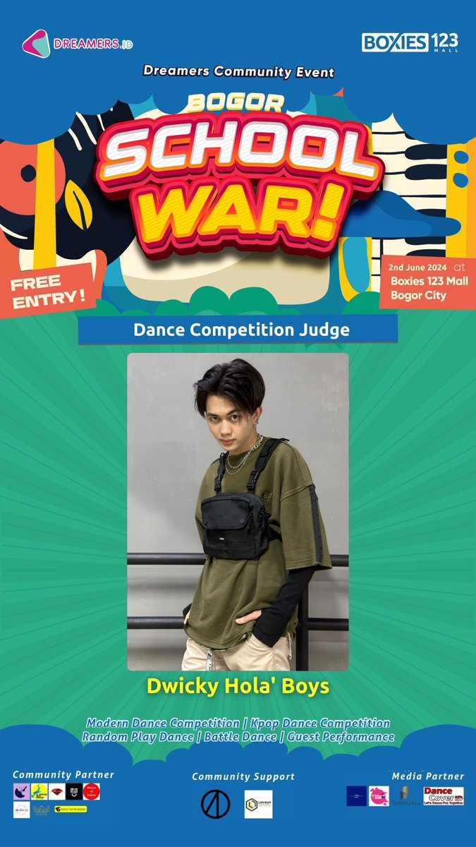 Let’s welcome and meet the amazing judge of Modern Dance & K-Pop Dance Cover in BOGOR SCHOOL WAR! 🌟 Fadel Maulana 🌟 Nava Camilia 🌟 Dwicky Hola' Boys 📅 Sunday, 2nd June 2024 📍 BOXIES 123 Mall, Bogor @boxies123mall 🎉 FREE REGISTRATION & FREE ENTRY FOR EVERYONE! 🤩