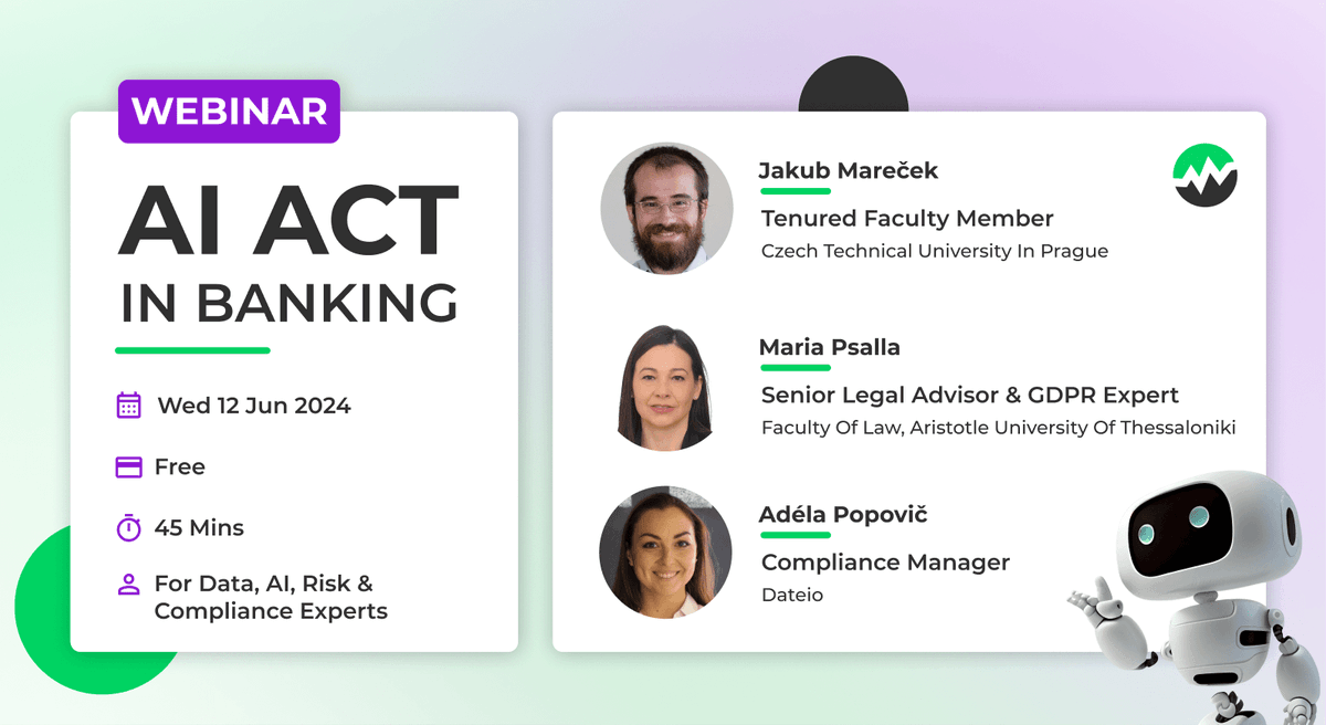 AI act je tady. Pod taktovkou Dateio spoluorganizujeme webinář s odborníky v této oblasti, kteří sledují tuto tématiku již více než dva roky. Webinář dalece přesahuje
základní otázku "Co je AI Act" Jeho cílem je být praktický a poskytnout dostatek prostoru pro otázky.

#ai #act